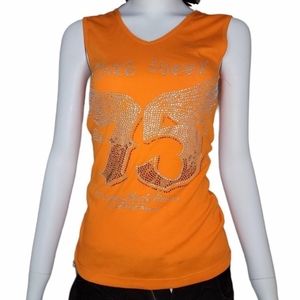 Biker clothing company rhinestone corset lace up shirt size medium orange black
